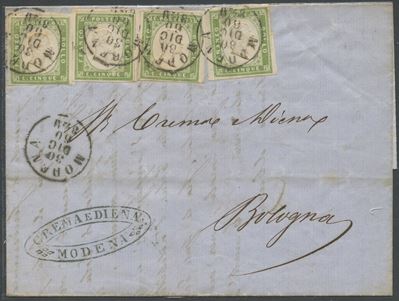 Sardegna, Storia postale: Lettera da Modena a Bologna, 1860