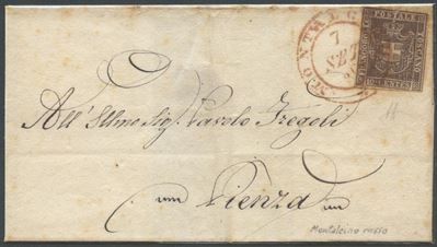 Toscana, 7 settembre 1860: busta postale da Montalcino a Pienza con affrancatura da 10 centesimi ...