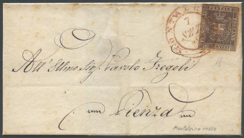 Toscana, 7 settembre 1860: busta postale da Montalcino a Pienza con affrancatura da 10 centesimi ...