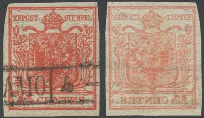 Lombardo-Veneto, Storia postale: 1850, 15 centesimi N.3h, rosso carminio scuro (francobollo con d...