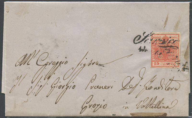 Lombardo-Veneto, Storia postale: lettera da Sarnico per Grosio, 14.10.1852, affrancatura 15c (N.6...