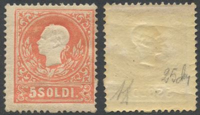 Area italiana, Lombardo-Veneto – II emissione, 5 soldi rosso (1858), nuovo con gomma, linguellato