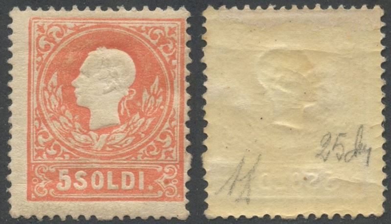 Area italiana, Lombardo-Veneto – II emissione, 5 soldi rosso (1858), nuovo con gomma, linguellato