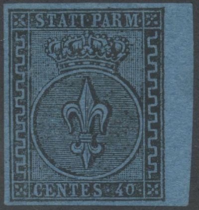 Francobollo, Parma (1852), 40 centesimi azzurro, n. 5