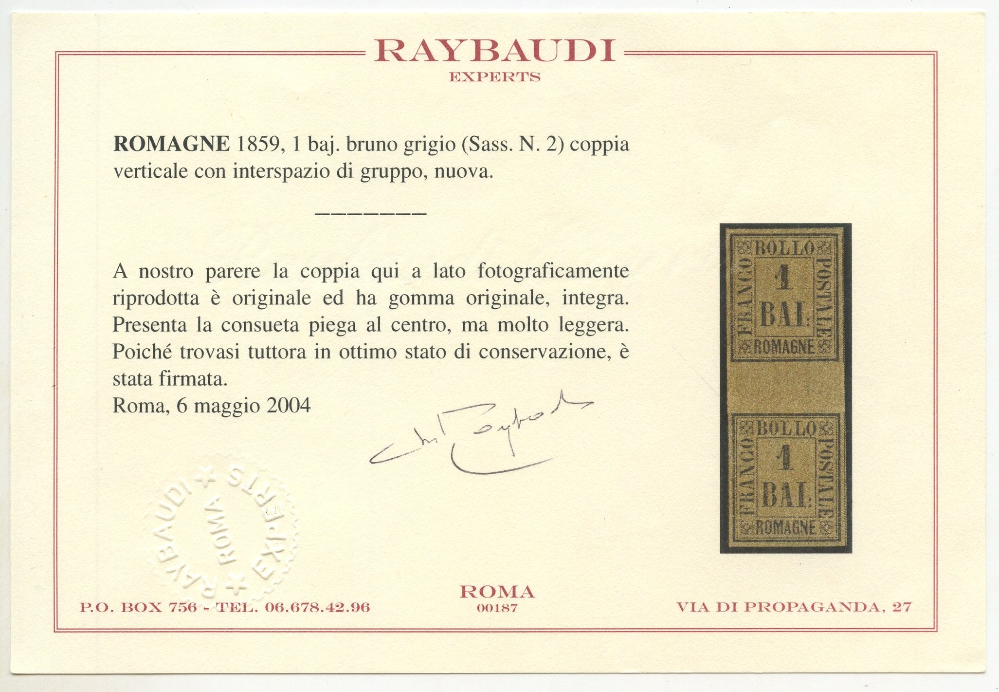 Romagne, 1 b. con interspazio di gruppo, 1859, nuova con gomma integra