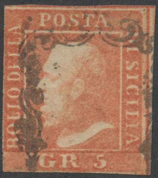 Sicily - 5 gr. vermilion used  - Auction Stamps and Postal History - Bertolami Fine Art - Casa d'Aste