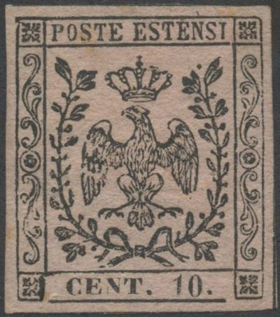 Francobollo del 1852, Modena (10 centesimi) in varietà rosa, linguellato, nuovo con gomma