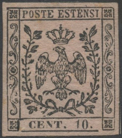 Francobollo del 1852, Modena (10 centesimi) in varietà rosa, linguellato, nuovo con gomma