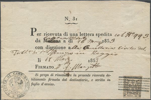 Modena - ricevuta di ritorno  - Asta Francobolli e Storia Postale - Bertolami Fine Art - Casa d'Aste