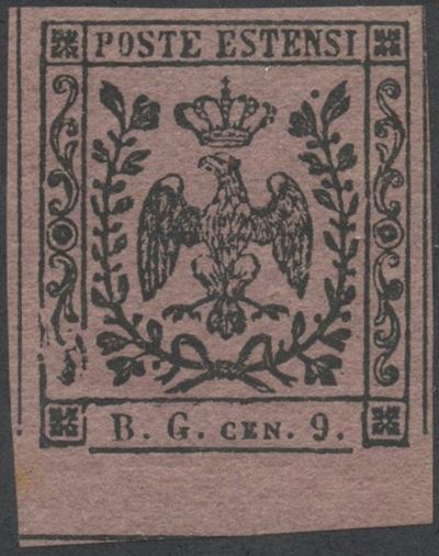 Modena, Segnatasse per giornali, 1853 - 9 centesimi, violetto lillaceo, bordo di foglio, nuovo co...