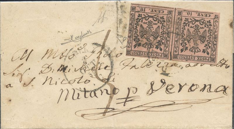 Francobolli, Lettera da Modena per Verona con affrancatura da 10 centesimi (1859)