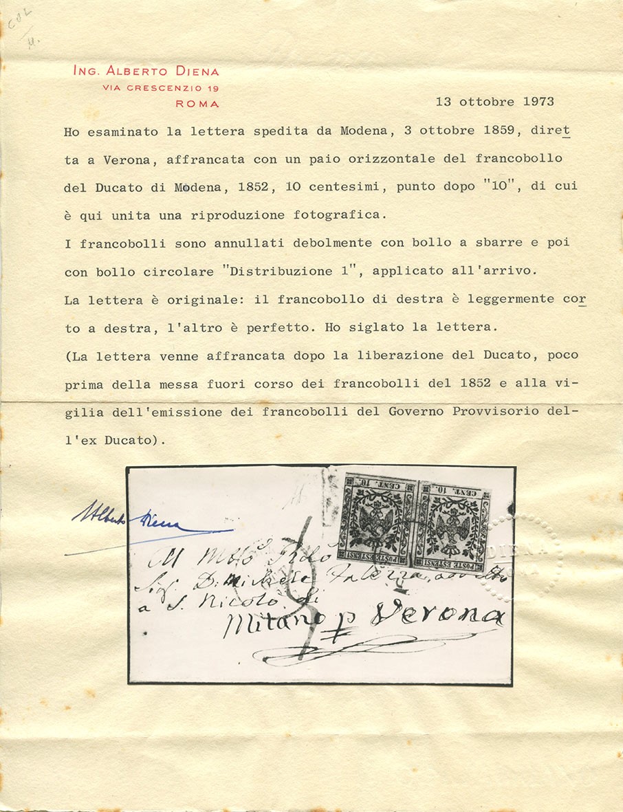 Francobolli, Lettera da Modena per Verona con affrancatura da 10 centesimi (1859)