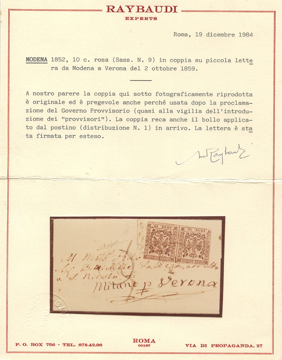 Francobolli, Lettera da Modena per Verona con affrancatura da 10 centesimi (1859)
