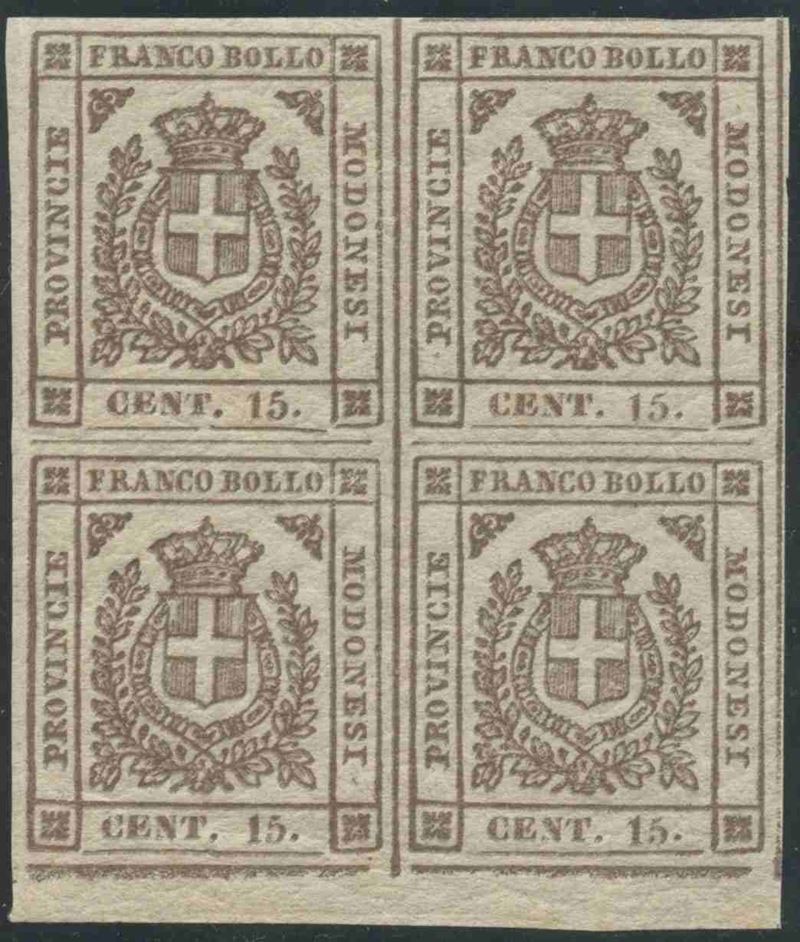 Bruno Seppia, Modena (1859) — 15c., doppia stampa in quartina con bordo