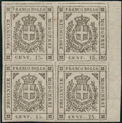 Francobollo “Modena”, 15 centesimi grigio, nuova gomma integra (quartina, 14), 1859