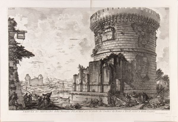 Giovanni Battista Piranesi : View of the Sepulcher of the Plauzia Family from the road that leads from Rome to Ponte Luciano  - Auction Old Master and Modern Prints, Matrices, Maps, Photography - Bertolami Fine Art - Casa d'Aste