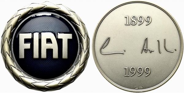 FIAT. Medaglia del centenario 1899 - 1999 AG smaltata (109 g - 54 mm). Con scat...