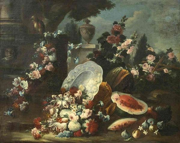 GASPARE LOPEZ (Napoli, 1650 - Firenze, 1732) - Natura morta con fiori, anguria e pappagallo in un giardino...