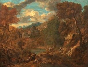Paesaggio con figure e cittadella sullo sfondo...