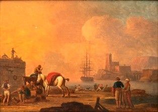 CHARLES FRANCOIS LECROIX DE MARSEILLE (Marsiglia, 1700 - Berlino, 1779/1782), ATTRIBUITO - Veduta di porto mediterraneo con marinai e imbarcazioni...