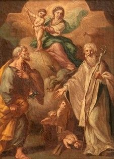 DOMENICO ANTONIO VACCARO (Napoli, 1678 - 1745) - Madonna con Bambino che uccide il demone  tra i Santi Giuseppe e Nicola di Bari...