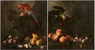 Artista lombardo, XVII secolo - Coppia di nature morte di frutta con pappagalli...