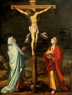Artista fiammingo, seconda met&#224; XVI secolo - Crocifissione con la Vergine e San Giovanni Evangelista...
