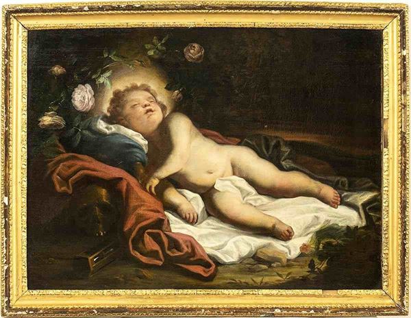 Gesù Bambino dormiente con teschio e clessidra...  - Auction Dipinti, Disegni e Sculture dal XIV al XIX secolo - Bertolami Fine Art - Casa d'Aste