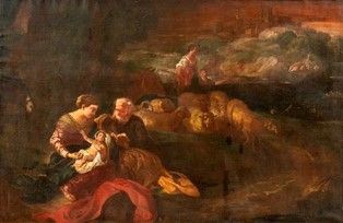 Pittore genovese, seconda met&#224; XVII secolo - Riposo durante la fuga in Egitto con pastori e gregge...