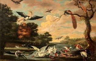 Artista fiammingo, XVIII secolo - Paesaggio fluviale con cigni, anatre e pavone...