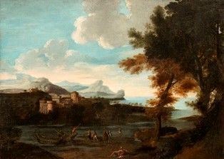 Gaspard Dughet - Paesaggio con pescatori, barche e castello sullo sfondo...