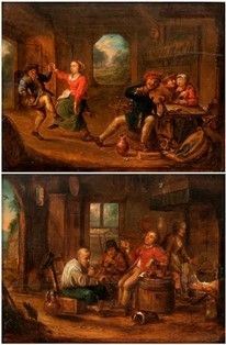 a) Danza di contadini -
b) fumatori di pipa, coppia di dipinti....  - Asta Dipinti, Disegni e Sculture dal XIV al XIX secolo - Bertolami Fine Art - Casa d'Aste