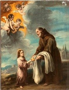 CERCHIA DI BARTOLOM&#200; ESTEBAN MURILLO (Siviglia,  1618 &#8211; Cadice,  1682) - San Francesco di Cantalice riceve in dono da un fanciullo una pagnotta per i po...