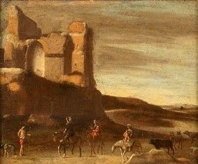 CERCHIA DI CORNELIS VAN POLENBURGH (Utrecht, 1595 - 1667) - Paesaggio con rovine e viandanti...