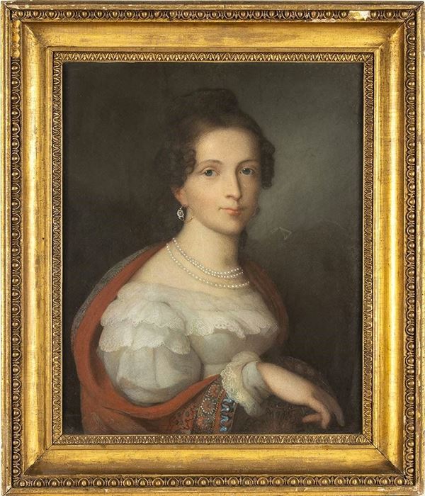 SCUOLA FRANCESE, SECONDA MET&#192; XVIII SECOLO - Ritratto di gentildonna con collana di perle e orecchini...
