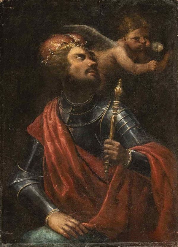 Artista lombardo, prima met&#224; XVII secolo - Sovrano con emblemi del potere (allegoria della caducità della gloria mondana) ...