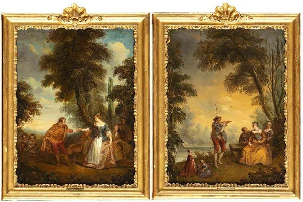 Scuola francese, fine XVIII secolo - a) Paesaggio con scena di corteggiamento - b) intrattenimento in girdino. Coppi...