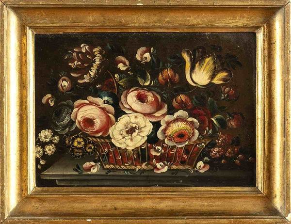 Natura morta di fiori in una canestra...  - Auction Dipinti, Disegni e Sculture dal XIV al XIX secolo - Bertolami Fine Art - Casa d'Aste