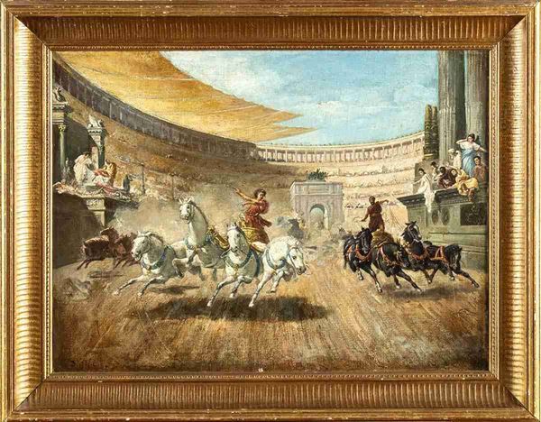 Artista anonimo, fine XIX secolo : Gara di bighe in un anfiteatro...  - Auction Dipinti, Disegni e Sculture dal XIV al XIX secolo - Bertolami Fine Art - Casa d'Aste