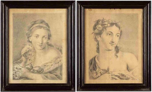 SEGUACE DI ROSALBA CARRIERA, SECONDA MET&#192; XVIII SECOLO - Coppia di disegni: a) Fanciulla con cesto di frutta (Allegoria dell'Inverno); b...