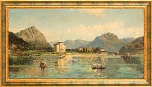 ARTISTA ATTIVO ALLA FINE DEL XIX SECOLO : Veduta di lago alpino, con barche e una villa sullo sfondo...  - Auction Dipinti, Disegni e Sculture dal XIV al XIX secolo - Bertolami Fine Art - Casa d'Aste