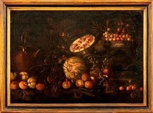 Natura morta di frutta con uva, anguria e pomi...  - Auction Dipinti, Disegni e Sculture dal XIV al XIX secolo - Bertolami Fine Art - Casa d'Aste