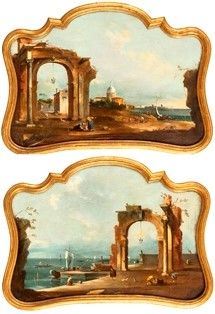 NEI MODI DI FRANCESCO GUARDI, XX SECOLO : Coppia di capricci costieri con rovine, barche e figure...  - Auction Dipinti, Disegni e Sculture dal XIV al XIX secolo - Bertolami Fine Art - Casa d'Aste