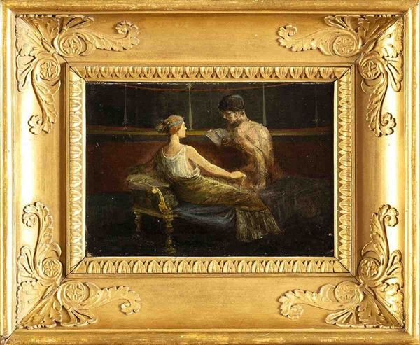 Artista anonimo, fine XIX secolo - Interno pompeiano con scena di seduzione...