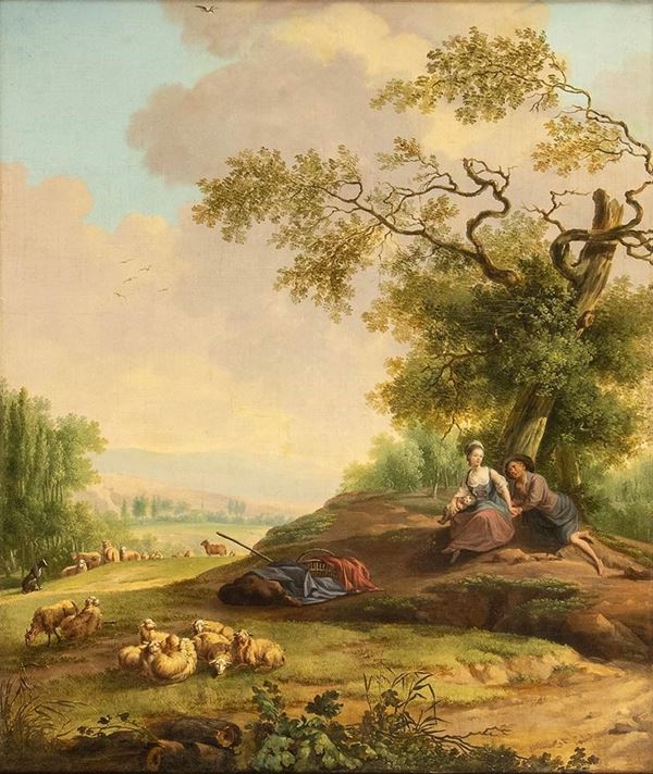 ARTISTA FRANCESE, FINE XVIII SECOLO - Large arcadian landscape with shepherd family and flock...