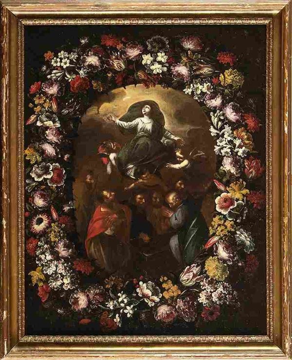Ghirlanda di fiori con Assunzione della Vergine ...  - Asta Dipinti, Disegni e Sculture dal XIV al XIX secolo - Bertolami Fine Art - Casa d'Aste