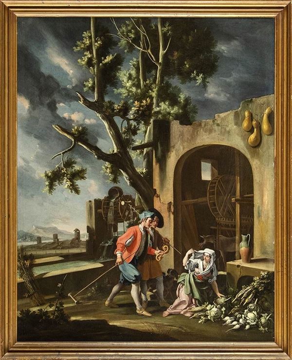 FILIPPO FALCIATORE (Napoli, notizie fra il 1728 e il 1768) - Mulino con ortolana e due avventori...