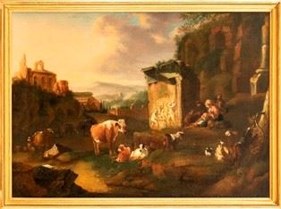 CERCHIA DI ABRAHAM JANSZ BEGEYN (Leiden, 1638 - Berlino, 1697) : Paesaggio con rovine e armenti...  - Asta Dipinti, Disegni e Sculture dal XIV al XIX secolo - Bertolami Fine Art - Casa d'Aste