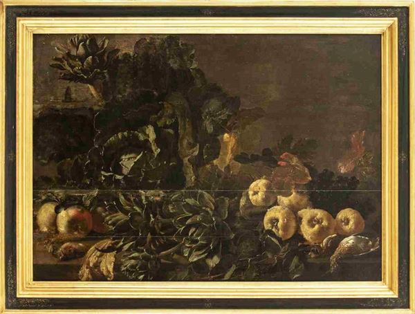ARTISTA FIAMMINGO, MET&#192; XVII SECOLO - Natura morta con mele, carciofi e cavoli...