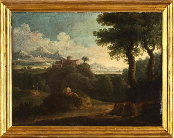 CERCHIA DI JAN FRANS VAN BLOEMEN (Anversa, 1662 - Roma, 1749) - Paesaggio con figure e borgo sullo sfondo...